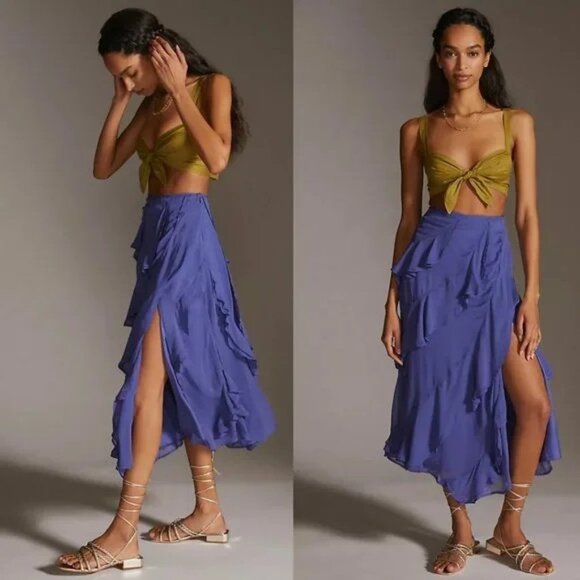 FINAL SALE Anthropologie A-Line Ruffle Slit Midi Skirt Purple Size 16 READ - Picture 1 of 6